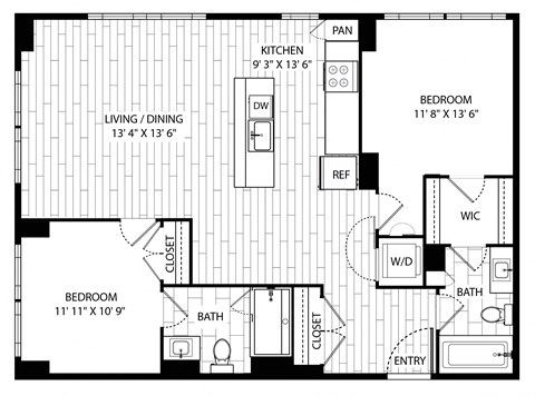 Floor plan for 2 beds, 2 baths, 1099 sqft